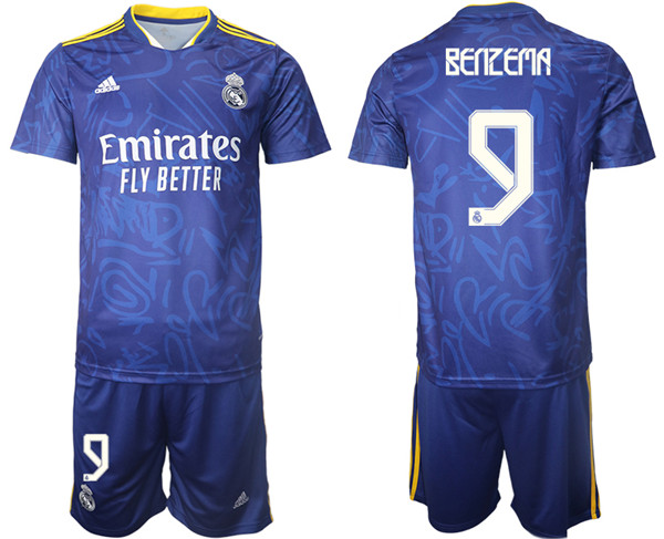 Men's Real Madrid #9 Karim Benzema 2021/22 Blue Away Soccer Jersey with Shorts
